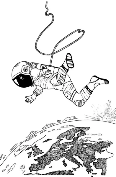 Astronauta astronauta vuela al planeta Tierra. Espacio astronómico de galaxias. Cosmonauta divertido explorar la aventura. Mano grabada dibujada en boceto viejo. — Vector de stock