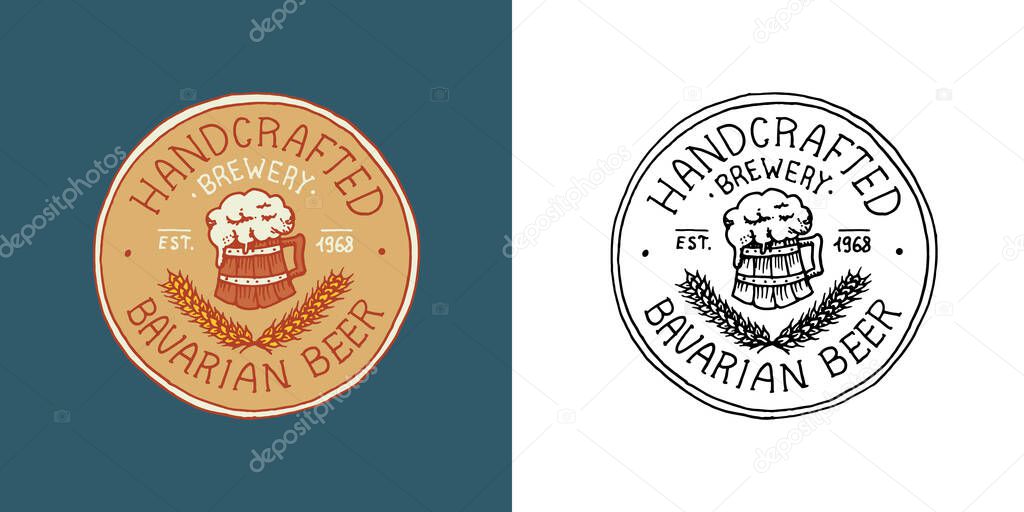 Beer and a bowl of foamy drink and wheat. Label badge. Strong Alcohol logo with calligraphic element. Frame for poster banner. Emblem sticker Hand drawn engraved lettering for t-shirt.