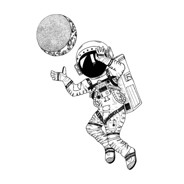 Astronauta astronauta con luna. Espacio astronómico de galaxias. Cosmonauta divertido explorar la aventura. Mano grabada dibujada en boceto viejo. — Vector de stock