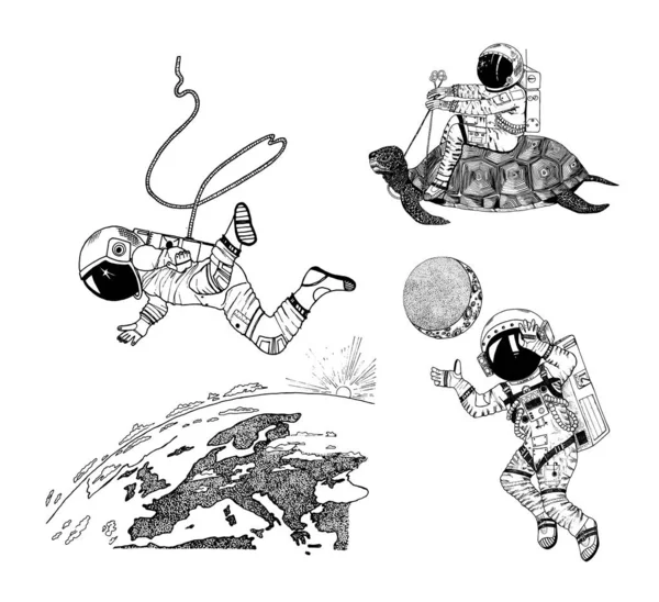 O astronauta voa para o planeta Terra. Tartaruga e lua. Espaço galáctico astronómico. Cosmonauta engraçado explorar aventura. Mão gravada desenhada em esboço antigo. —  Vetores de Stock
