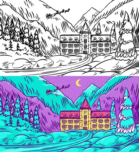 Χειμερινό τοπίο με βουνά και χιόνι σε μπλε φόντο. Χριστουγεννιάτικο δάσος με έλατα και κάστρο. Άγιε Βασίλη. Χειροποίητο σκίτσο. Κλασικό σκαλιστό σκίτσο. Εικονογράφηση διανύσματος. — Διανυσματικό Αρχείο