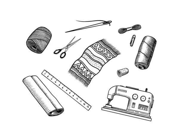 DIY icons. Hardware Shop concept. Glue, wood planks, sewing machine. Tools or instruments for home renovation. Banner poster template. Do it yourself. Engraved doodle vintage sketch hand drawn. — Stock Vector