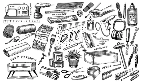 Doe-ikonen. Hardware Shop concept. Lijm, houten planken, naaimachine. Gereedschap of instrumenten voor woningrenovatie. Banner poster sjabloon. Doe het zelf maar. Gegraveerde doodle vintage schets hand getekend. — Stockvector