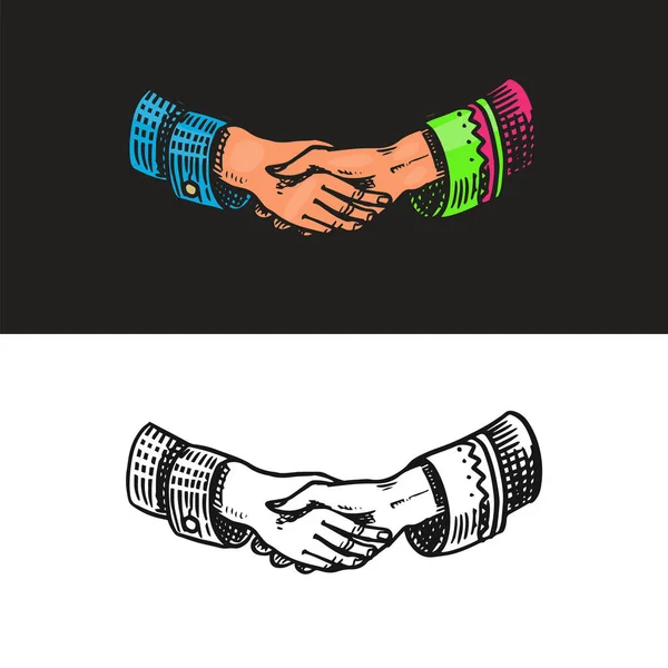 Handshake volkeren. Symbool van vriendschap en partnerschap. Vrede in de wereld. Hand getekende gegraveerde Vintage schets. — Stockvector