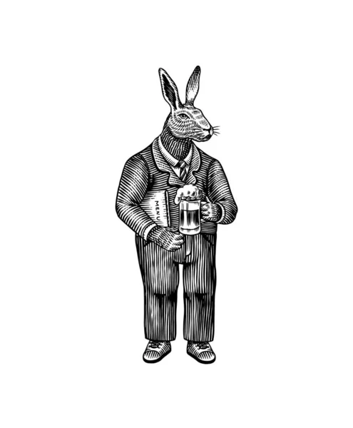 Um homem lebre de fato com um copo de cerveja. Coelho ou coelho. Personagem animal de moda. Desenho desenhado à mão esboço em madeira. Ilustração gravada em vetor para logotipo e tatuagem ou camisetas. — Vetor de Stock