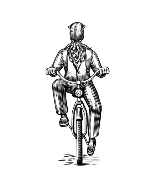 Un uomo calamaro in giacca e cravatta va in bicicletta. Polpo o Mollusca. Personaggio animale di moda. Disegnato a mano bozzetto xilografia. Illustrazione incisa vettoriale per logo e tatuaggio o magliette. — Vettoriale Stock