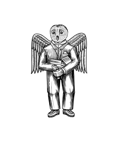 本に合わせて大きな翼を持つフクロウ男。賢い鳥だ。ファッション動物のキャラクター。手描きの木版画のアウトラインスケッチ。ロゴやタトゥーやTシャツのためのベクトル彫刻イラスト. — ストックベクタ