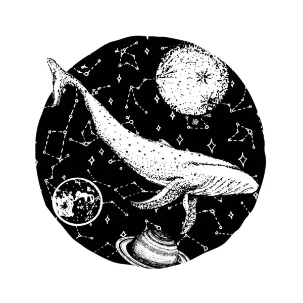Blue whale and planets in solar system. Astronomical galaxy space. Explore adventure. Engraved hand drawn in old sketch. — Stock Vector