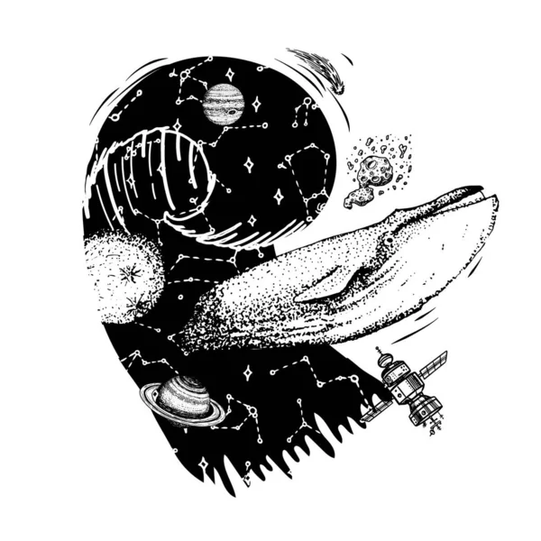 태양계의 흰긴수염고래와 행성들 입니다. 파도. 천문 은하 공간. 모험을 탐험 해 봐. 오래 된 스케치를 손으로 그린 그림. — 스톡 벡터