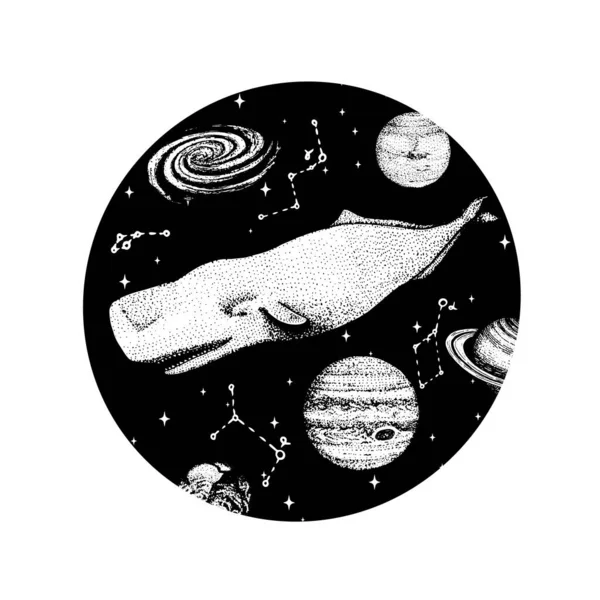 Blue whale and planets in solar system. Astronomical galaxy space. Explore adventure. Engraved hand drawn in old sketch. — Stock Vector