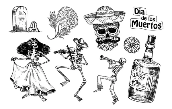Day of the dead. Mexican national holiday. Original inscription in Spanish Dia de los Muertos. Skeletons in costumes dance, play the violin, trumpet and guitar. Hand drawn engraved sketch. — Stock Vector