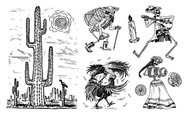 Den mrtvých. Mexická národní svátek. Původní nápis ve španělštině Dia de los Muertos. Kostry v taneční kostýmy, hrát na housle, trubka a kytaru. Ručně kreslenou rytý nákres. Stock Vektory