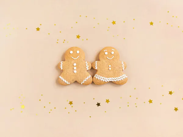 Happy New Year Christmas Card Gingerbread Couple Man Woman Golden — Stock Photo, Image