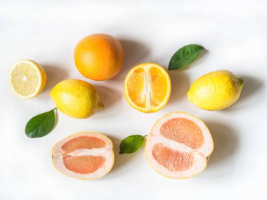 Parlak yaz mevsiminde çeşitli sitruslar ve yapraklar. Beyaz arka planda egzotik sınır. Üst görünüm.