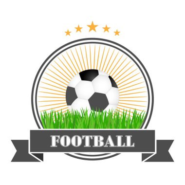 Futbol logosu tasarımı illüstrasyonu. Futbol topu çimlerin üzerinde bir bayrak ve bir daire ile.
