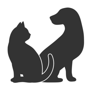 Beyaz bir arka planda birbirine bakan bir kedi ve köpek tasviri