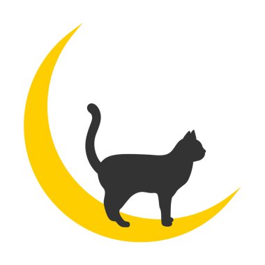 Beyaz arka planda Ay 'da duran siyah bir kedi tasviri