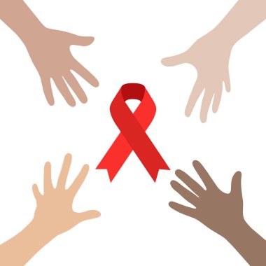 Dünya AIDS Günü 'nün tasviri. İnsan eli kırmızı kurdele.