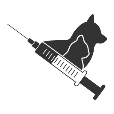 Veteriner logosu çizimi. Beyaz arka planda evcil hayvan aşısı.