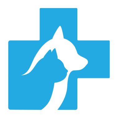 Veteriner kliniğinin logosu. Sağlık haçının arka planında kedi ve köpek.