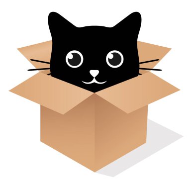 Beyaz arka planda gölgesi olan bir kutunun içinde sevimli siyah bir kedi tasviri