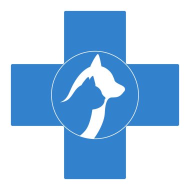Veteriner kliniğinin logosu. Beyaz arka planda sağlık haçı olan kedi ve köpek..