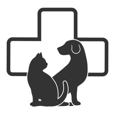 Veteriner kliniğinin logosu. Tıbbi bir haçın arka planında kedi ve köpeğin silueti var.