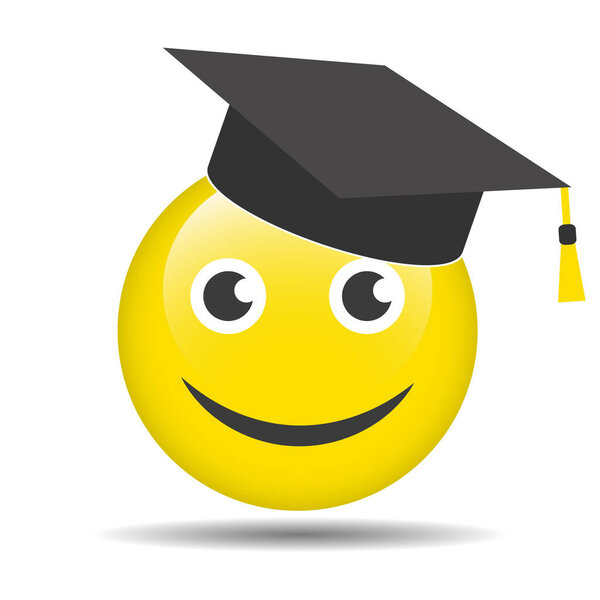 Illustration of a cute cheerful smiley wearing a student hat