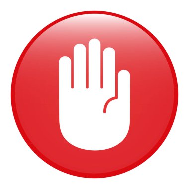 Stop sign illustration. Palm in a red button on a white background.