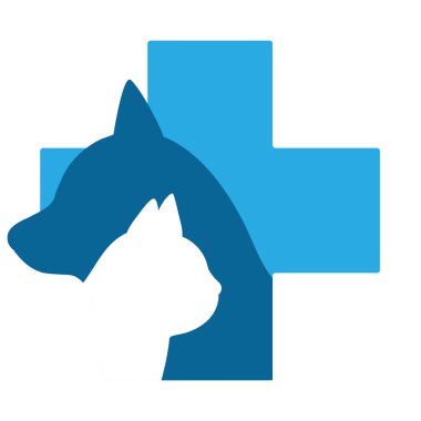 Veteriner kliniğinin logosu. Sağlık haçının arka planında kedi ve köpek