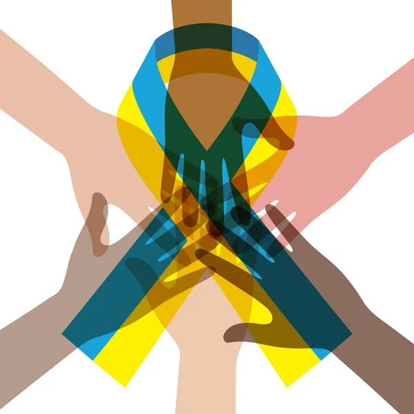 Ruce Lidí Různých Národů Držících Stuhu Vlajkou Ukrajiny — Stockový vektor