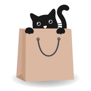 Beyaz arka planda çantadaki sevimli siyah kedi.
