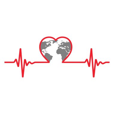 Küresel bir kalp tasviri ve beyaz bir arka planda nabız.