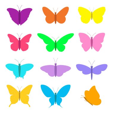 Beyaz bir arka plan üzerinde renkli kelebekler dizi çizimi