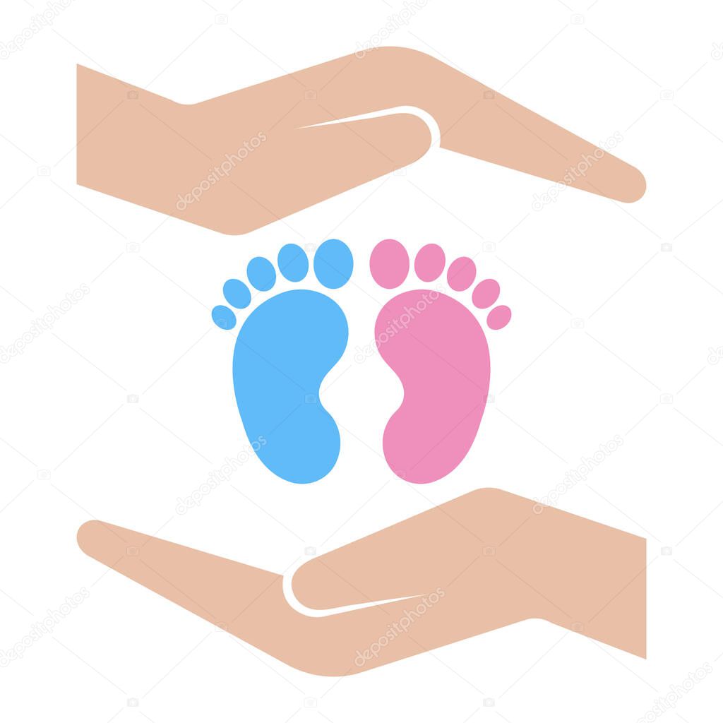Illustration of footprints of a child in the palms of a person on a white background