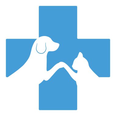 Veteriner kliniğinin logosu. Sağlık haçının arka planında kedi ve köpek.