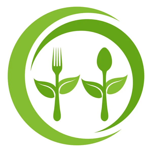 Organic Food Logo Fork Spoons Leaves Symbol White Background — 스톡 벡터