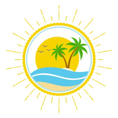 Tropical island illustration with palm tree and sun on white background