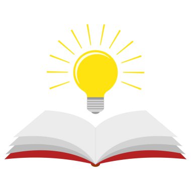 Education concept illustration. Open book with light bulb on white background.