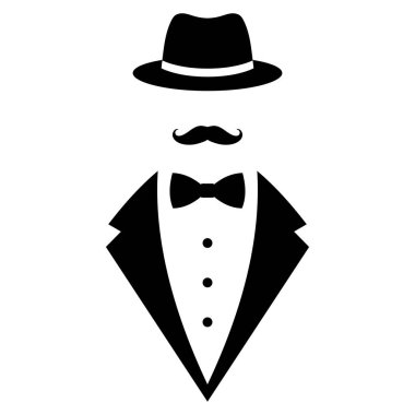 Beyaz bir arka planda şapkalı, smokinli ve papyonlu bir beyefendinin logosu..