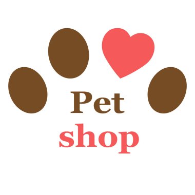 Evcil hayvan dükkanı logosu çizimi. Beyaz arkaplanda metin olan köpek pençesi.