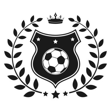 Futbol maçı logosu illüstrasyonu. Beyaz arka planda izole edilmiş armalı futbol topu ve defne çelengi..