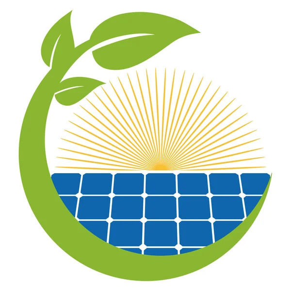 Ilustracja Logo Zielonej Energii Bateria Słoneczna Słońcem Zielonymi Liśćmi — Wektor stockowy