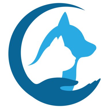 Hayvan bakımı logosu illüstrasyonu. Köpek ve kedi siluetleriyle el ele.