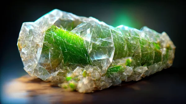 3 D rendring. Green translucent crystals with light refraction. Precious stones. Beautiful background. Hi tech. AI.