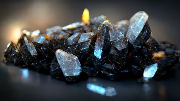 3 D rendring. Black crystals with gold and blue sparkles. Precious stones. Beautiful background. Hi tech. AI.