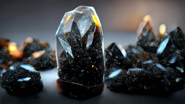 3 D rendring. Black crystals with gold and blue sparkles. Precious stones. Beautiful background. Hi tech. AI.