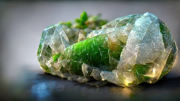 3 D rendring. Green translucent crystals with light refraction. Precious stones. Beautiful background. Hi tech. AI.