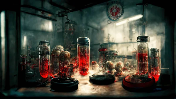 Horrible genetic laboratory of monsters, mutants. Horror background. Halloween. AI.