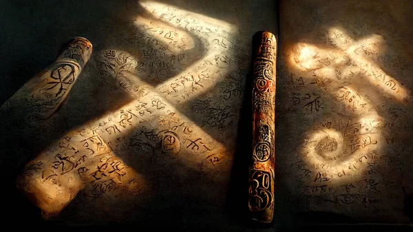 Runes, stone, cuneiform, Celtic patterns, magic books. Artifacts. Ai.